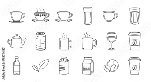 Collection of beverage-related line icons, featuring cups, glasses, teapots, cans, bottles, milk cartons, wine glasses, coffee cups, and coffee beans, perfect for graphic and web design, apps