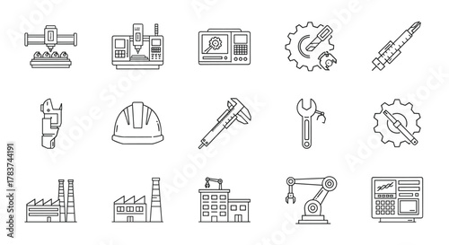 Outline vector icons set representing CNC machines, industrial tools, and factory elements, including mill controllers, gears, wrenches, calipers, safety helmets, and robotic arms, perfect for