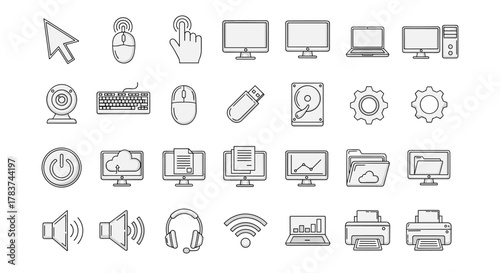 A comprehensive collection of computer and monitor-related line icons, featuring a cursor, pointer, and outline signs perfect for graphic and web design, app development, advertisements, and various