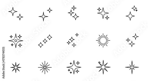Collection of various sparkle and star icons, representing shine and brilliance, presented as a clean, ordered line art set on a white background, perfect for graphic design and digital applications.