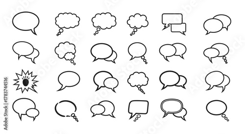 Collection of diverse speech and thought bubble outlines, representing communication, dialogue, and ideas. This editable stroke vector graphic set is perfect for infographics, articles, books