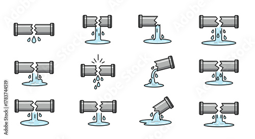Set of twelve cartoon illustrations depicting broken pipes with water leaks, symbolizing plumbing issues, water damage, and maintenance needs. Each icon shows a different variation of a cracked pipe