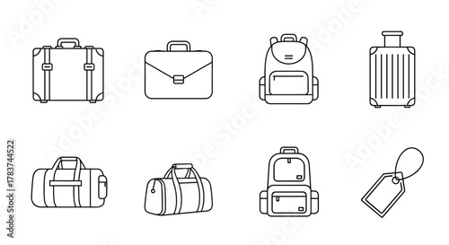 Collection of minimalist line art icons representing various types of luggage and travel accessories, including suitcases, briefcases, duffel bags, backpacks, and luggage tags, perfect for web