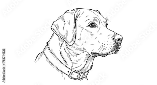Detailed sketch of a Labrador Retriever dog's head, facing right, wearing a collar, rendered in a classic black and white line art style on a clean white background, perfect for pet-related designs
