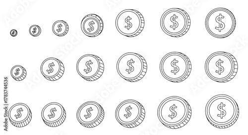 Collection of outline coins with dollar signs, varying in size and perspective, perfect for infographics, articles, books, flyers, and banners. This vector cartoon illustration features editable