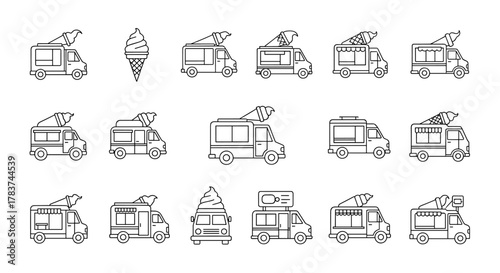 Set of minimalistic outline icons representing various ice cream vans and trucks, perfect for web design, graphic design, apps, banners, social networks, and cards. This vector cartoon illustration