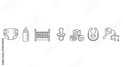 Set of line icons representing baby care and newborn essentials, symbolizing childhood and parenting. This vector outline collection includes a diaper, baby bottle, crib, pacifier, toy blocks, bib