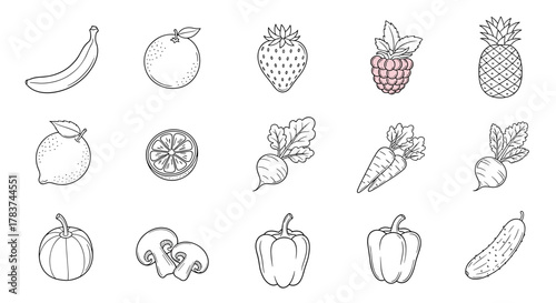 A delightful collection of hand-drawn line art icons featuring a variety of fresh fruits, vibrant berries, and wholesome vegetables, perfect for culinary and health-related designs. Includes banana