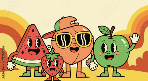 Groovy cartoon fruit characters in retro style: a peach with a cap and sunglasses, a watermelon slice, a green apple waving, and a cute strawberry with a leaf, set against a warm, abstract background