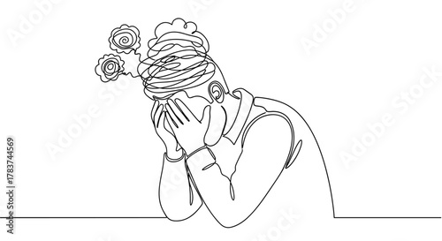 Continuous one-line drawing of a man in depression, experiencing stress, headache, and despair, with swirling thoughts and hands covering his face, symbolizing mental health struggles and emotional