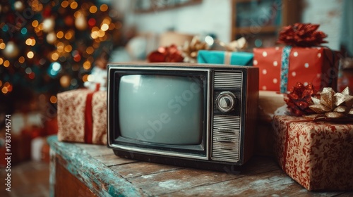 Wallpaper Mural Vintage TV with Christmas Gifts: Nostalgic Holiday Atmosphere in Festive Living Room Torontodigital.ca