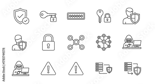 Cybersecurity icon set featuring data protection, antivirus, password, privacy, padlock, network, hacker, warning, and more, presented as clean line art for digital security concepts and technology