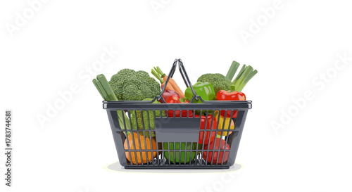 A full shopping basket overflowing with fresh, vibrant vegetables including broccoli, bell peppers, onions, carrots, and leeks, presented on a clean white background, symbolizing healthy eating and