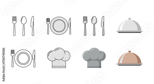 Collection of culinary icons featuring cutlery sets with forks, spoons, and knives, dinner plates, chef hats, and cloches or trays, presented in both clean line art and modern flat design styles