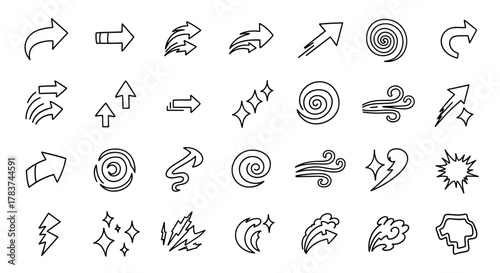 Collection of hand-drawn doodle line elements representing movement, emotion, and effects, including various arrows, wind swirls, sparkles, and lightning bolts, perfect for adding emphasis and visual