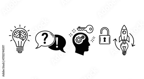 Set of creative idea icons illustrating brainstorming, problem-solving, and innovation. Includes a lightbulb with a brain, question and exclamation marks in speech bubbles, a silhouette of a head