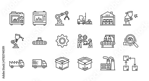 Set of simple line icons representing mass production and industrial processes, including an industrial oven, robot arm, forklift, warehouse, painting robot, conveyor belt, gear, workers, factory