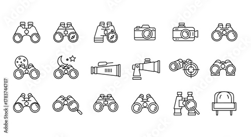 Collection of outline binocular icons and related optical equipment, including cameras and telescopes, presented on a clean white background, perfect for graphic design, web applications, and