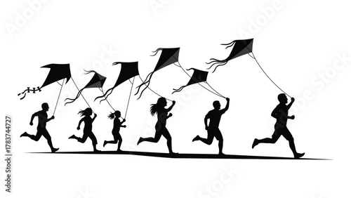 People running with kites silhouette isolated on white background, Vector