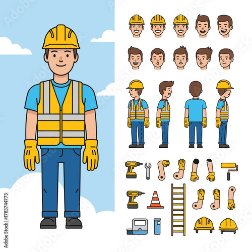 Construction worker character with various parts and accessories for animation and design