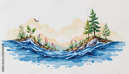 Illustration of a Tranquil Island Landscape with Colorful Flora, Rocky Irregular Shore, and Blue Waters