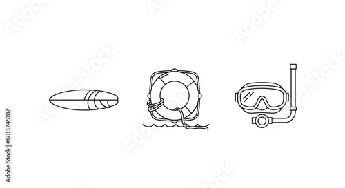 Set of minimalistic linear icons representing water sports and safety equipment, including a surfboard, a lifeline buoy floating on waves, and a diving mask with a snorkel, perfect for web design