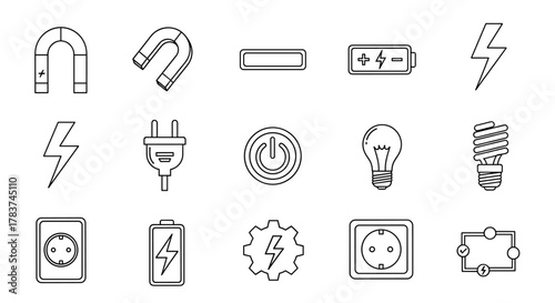 Set of Magnet, Battery, Lightning, and Electrical Outlet Line Icons: A comprehensive collection of outline signs and symbols for graphic design, web design, apps, advertisements, and various cards