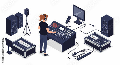 Female audio technician mixing sound on a large console with speakers and recording gear, isometric illustration on white.