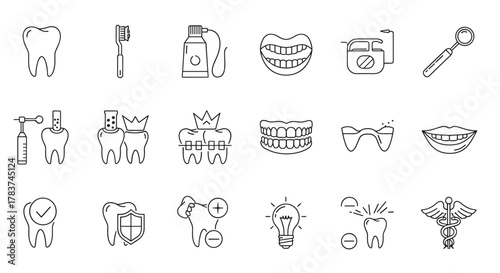 Set of outline icons related to dental care and oral hygiene, featuring a tooth, toothbrush, toothpaste, dental floss, dental mirror, braces, dentures, mouthguards, and a caduceus symbol, presented