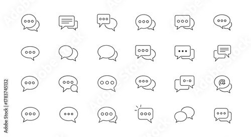 A comprehensive collection of minimalistic linear speech bubble icons, perfect for web and graphic design, apps, banners, social networks, and cards. This vector bundle features a variety of chat and