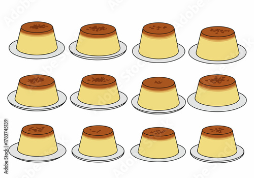 Repeating pattern of twelve illustrated Creme Caramel desserts served on plates, isolated on white background.