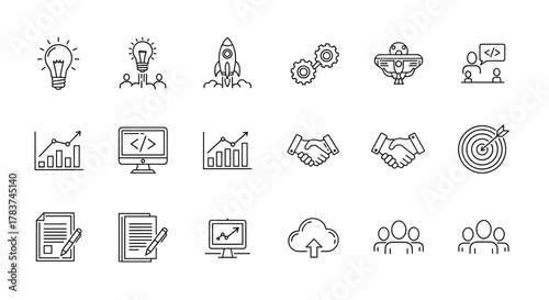 Startup and Development Vector Icon Set: A comprehensive collection of line icons representing business growth, innovation, and teamwork, perfect for digital presentations and web design. Includes