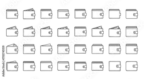 Collection of outline wallet icons for money, editable stroke, perfect for infographics, articles, books, flyers, banners, vector cartoon illustration with cash, finance, payment, and shopping themes.