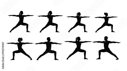 Yoga warrior pose silhouettes isolated on white background, Vector