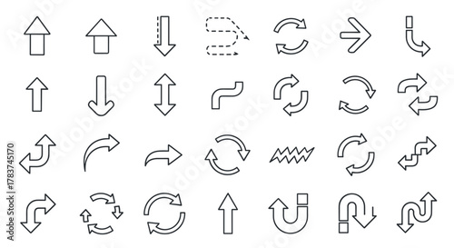 Collection of diverse line art arrow icons, featuring directional pointers, circular arrows, zig-zag lines, and directional indicators, perfect for graphic design, web development, app interfaces