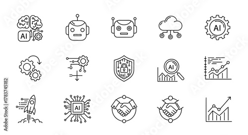 Artificial intelligence set of web icons in line style, AI technology icons for web and mobile app, machine learning, digital AI technology, algorithm, robotics, cloud computing, data analysis