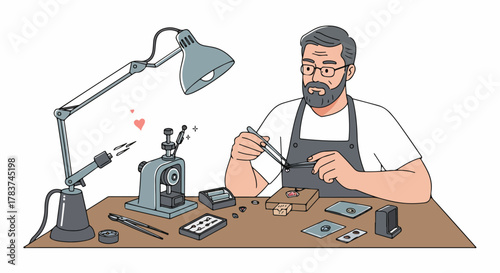 Skilled jeweler working with precision tools and gemstones on a workbench, demonstrating detailed craftsmanship and manual work.