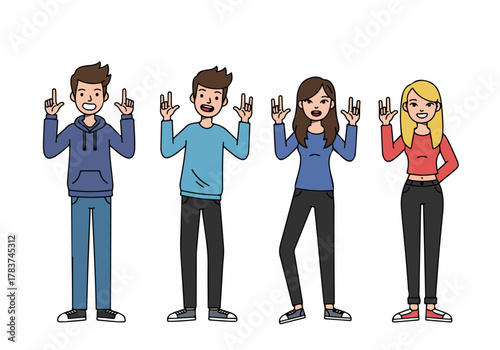 Group of four smiling cartoon young people making hand signs: one pointing up (number one) and three flashing the rock and roll gesture.