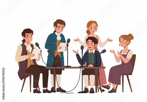 Historical debate illustration with five individuals in 18th-century attire speaking into microphones on a white background.