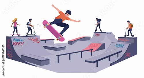 A dynamic illustration of diverse teenagers enjoying extreme sports like skateboarding and scootering at an urban skate park filled with graffiti.