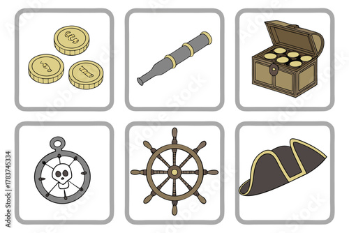 Pirate treasure chest coins spyglass skull helm and hat gold