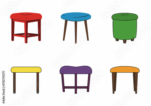 A colorful set of six diverse cartoon stools and ottomans in various styles, isolated on a white background for furniture concepts.