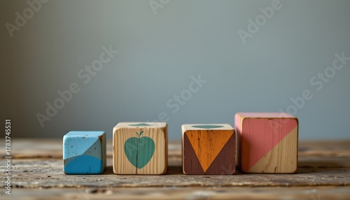 Colorful Wooden Blocks with Geometric Patterns Arranged on a Table in a Minimalist Setting