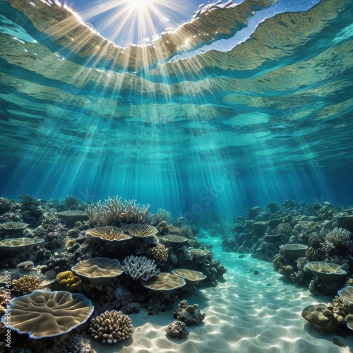 Underwater Coral Reef with Sunlight Rays Illuminating the Vibrant Marine Ecosystem