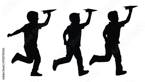 Running boys with paper airplanes silhouettes isolated on white background, Vector
