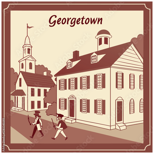 Georgetown Sepia Town Scene Featuring Colonial Building, Clock Gazebo, and String Lights