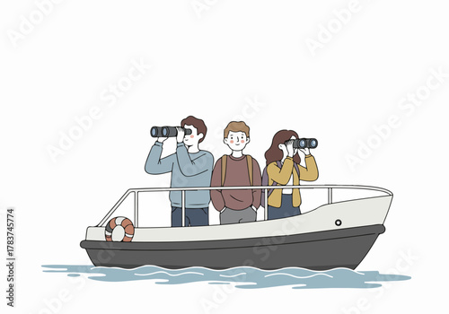 Friends on a boat trip looking through binoculars, enjoying maritime travel and leisure.