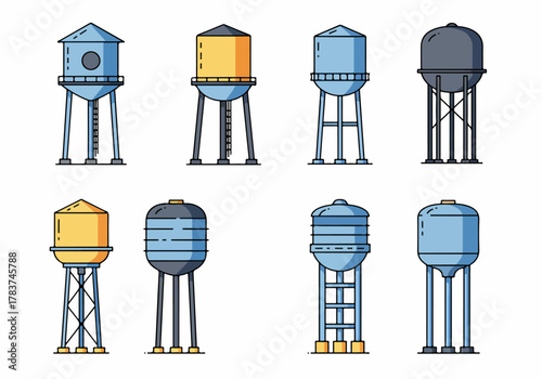 Collection of eight stylized vector water tower illustrations featuring various structural designs, tanks, and colors, representing municipal water supply.