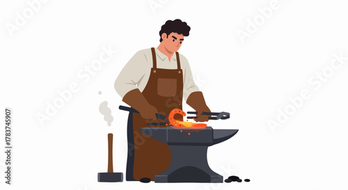 Blacksmith shaping a glowing hot horseshoe on an anvil using tongs, representing traditional metalworking and craftsmanship.