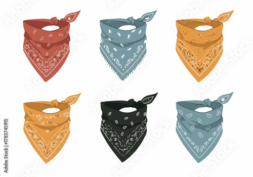 Set of six colorful paisley bandanas tied neckerchief style, featuring vintage western and cowboy fashion elements illustration.